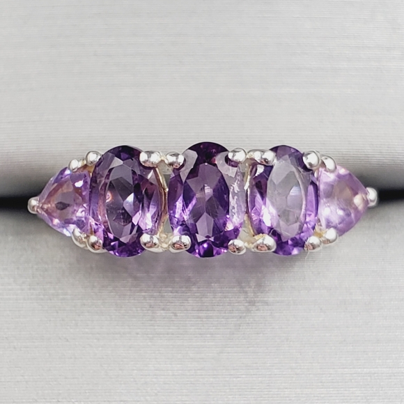 Oval & Trillion Genuine Purple Amethyst 925 Sterling Silver Ring